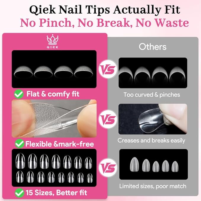 Qiek Medium Oval Fake Nail Tips - 15 Sizes 240 PCS Clear Half Matte Press On False Nail Tips Pre-shaped Soft Full Cover Gel Nail Tips Extensions Thick Long Lasting for DIY Beginners& Salon Manicure