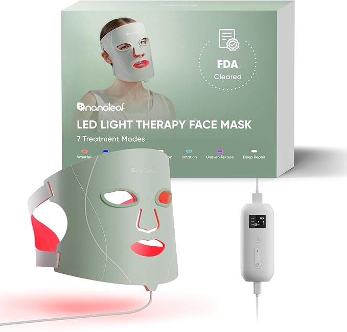 Nanoleaf FDA-Cleared LED Light Therapy Face Mask with 7 Treatment Modes - Professional Red & Blue Light with NIR Facial Device for Anti-Aging - 432 LEDs, Rechargeable