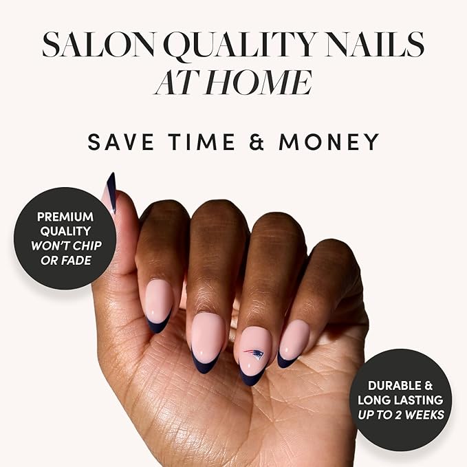 Glamnetic x Fanatics Press On Nails - New England Patriots | Short Almond Fake Nails, NFL Patriots Navy French Tips, Football Nails, Salon-Quality | 15 Sizes - 30 Nail Kit with Glue