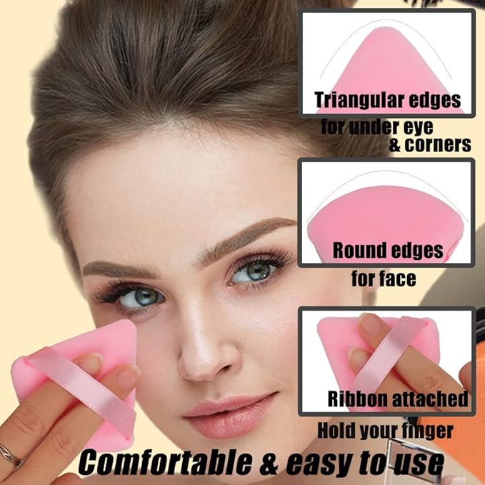 Ocim 10Pcs Powder Puffs for Face Powder,Soft Velour Triangle Beauty Puff,Makeup Pressed,Baking & Setting Powder Sponge Applicator Pads with Case,Black&Pink