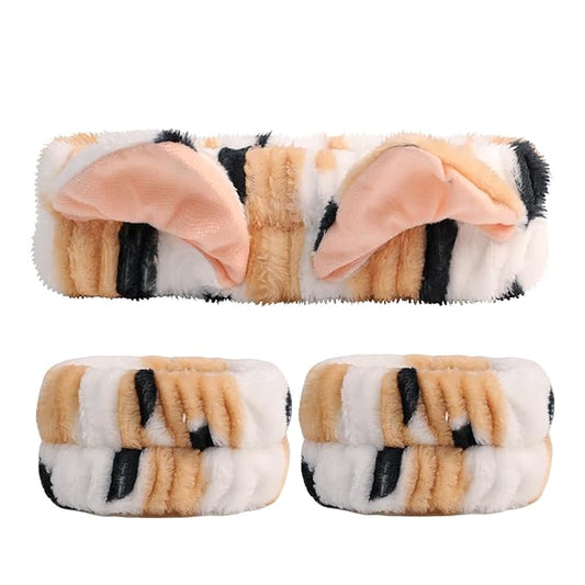 PERFECTSIGHT 2 Pack Cute Animal Headbands for Makeup Wash Shower Adjustable Elastic Hair Band for Girls and Women (Leopard Cat Ear)