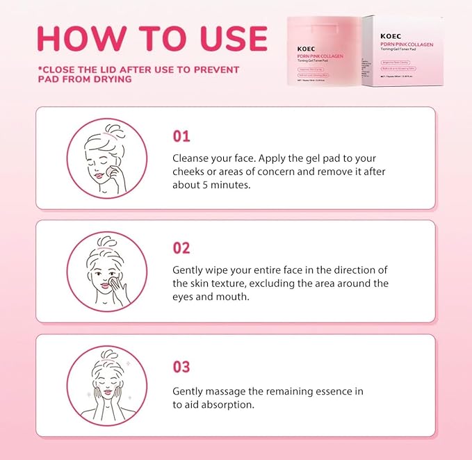 Beautivana KOEC PDRN Pink Collagen Toning Gel Toner Pads, 70 Count, Hydrating Facial Treatment for Smooth Plumped Skin with Improved Clarity, 3.38 fl.oz