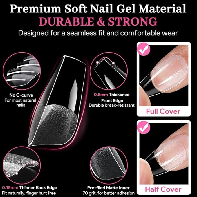 Qiek Medium Coffin Fake Nail Tips, 15 Sizes 240 PCS Clear Half Matte Press On False Nail Tips Pre-shaped Half Soft Cover Gel Nail Tips Extensions Thick Long Lasting for DIY Beginners & Salon Manicure
