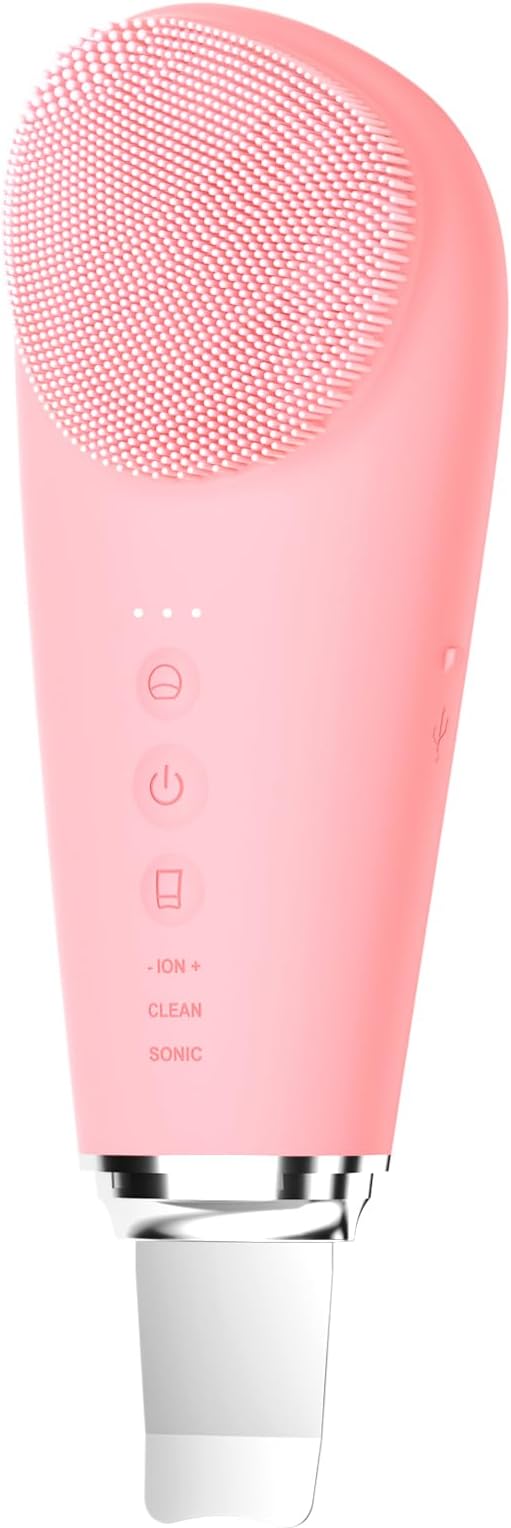 Silicone Face Scrubber Blackhead Scraper Rechargeable 2-in-1 Facial Cleansing Brush & Skin Spatula Duo, IPX7 Waterproof Exfoliating Massager Deep Cleansing for Women and Men（Baby Pink）