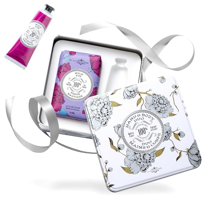 La Chatelaine Wild Fig Triple Milled Bar Soap and 20% Shea Butter Hand Cream Gift Tin, Holiday Gift Set for Mom, Plant-Based, Natural & Organic, Made in France (7 oz. soap bar, 1 oz. hand lotion)