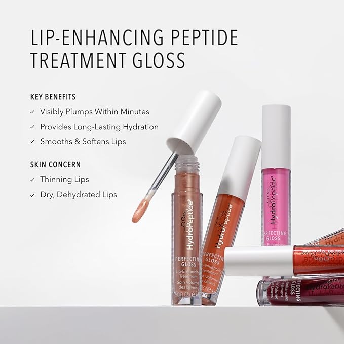 HydroPeptide Perfecting Gloss, Lip Plumping Gloss & Hydrating Treatment, Volumizing Collagen-Boosting Enhancer with Hyaluronic Acid & Peptides, Beach Blush, 0.13 Ounce