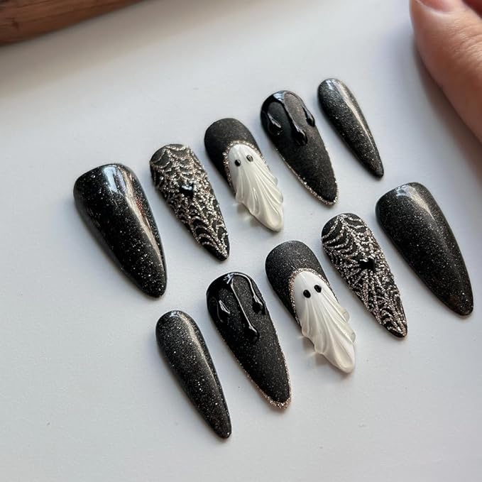 MAGLFELL Halloween Press On Nails Handmade Long Stiletto Fake Nails, Apparition nails Sparkling Design press ons,10 Pcs Reusable Painting Fingernail Tip Salon Artificial Nails Kit (Size S）