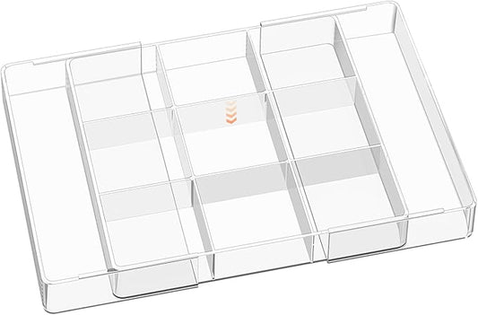 Expandable Desk Drawer Organizer, Acrylic Drawer Organizer Trays with 11 Adjustable Compartments 6 Removable Dividers Desk Accessories for Makeup Utensil Junk Office Kitchen Bathroom ( Clear, 1Pcs )