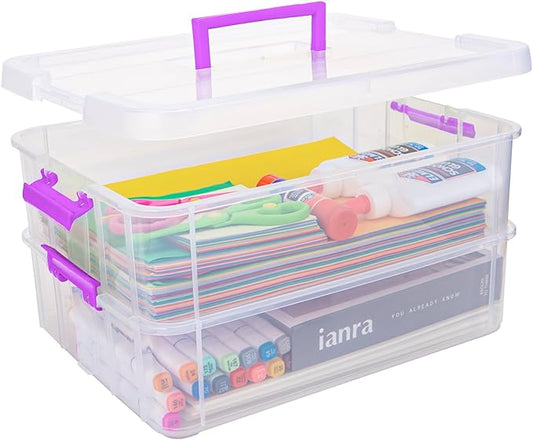 TERGOO 2 Layer Plastic Storage Containers with Lids, Multipurpose Clear Stack & Carry Box, Portable Craft Organizers and Storage Bin for Organizing Art & Craft, Sewing, Makeup, Nail Supplies (Purple)