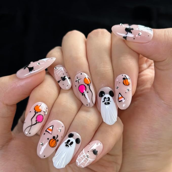 MAGLFELL Press On Nails Handmade Medium Length Oval Fake Nails, Painting Cute Ghosts Design,10 Pcs Reusable ABS Material Finger Painting Fingernail Tip Salon Artificial Nails Kit (Size S）