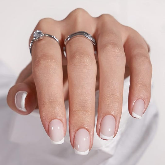 BTArtbox Press On Nails - White French Tip Press on Nails Square, Glue On Nails for Wedding Gift, Supremely Fit & Natural Stick On Nails in 15 Sizes - 30 Fake Nails Kit, Classic French