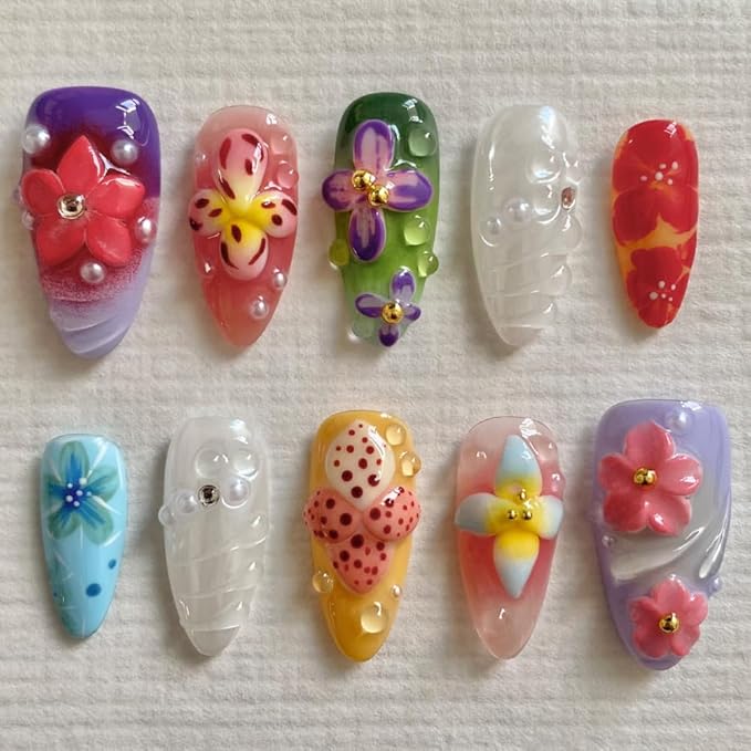 Small size Press On Nails - Handmade Unique Medium Almond Art Fake Nails, Thick Acrylic and Muti-Layer Gel False Nails, Reusable Gel Cured Sturdier 3D Fake Nails-S size