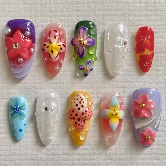 Small size Press On Nails - Handmade Unique Medium Almond Art Fake Nails, Thick Acrylic and Muti-Layer Gel False Nails, Reusable Gel Cured Sturdier 3D Fake Nails-S size