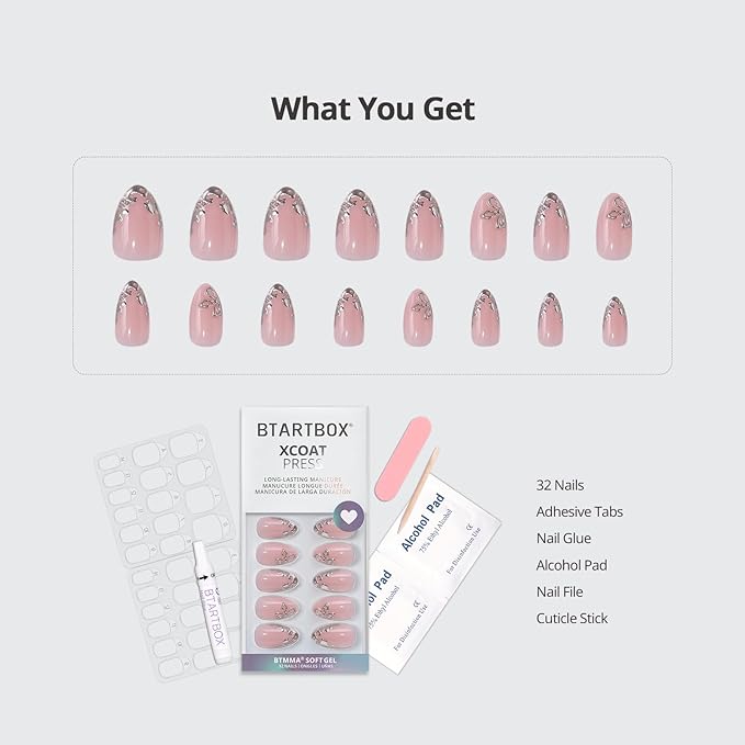 BTArtbox Press On Nails Short - Frost Glam, Lamp-Curable 3D Silver Flower Almond Press On Nails with Glue and Adhesive Tabs for Women in 16 Sizes - 32 Soft Gel Glue On Nails Kit