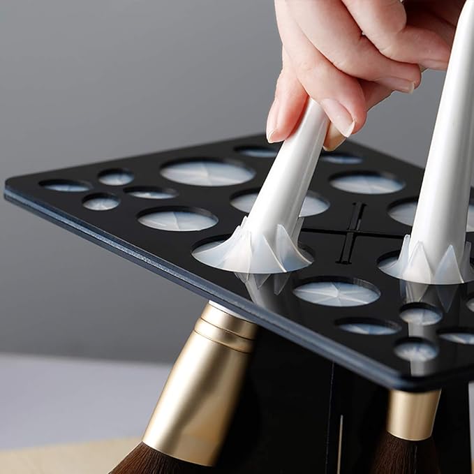28 Hole Makeup Brush Drying Rack with Mat, Collapsible Makeup Brush Holder with Silicone Mat, Brush Dryer Stand, Make Up Organizer for Vanity Countertop
