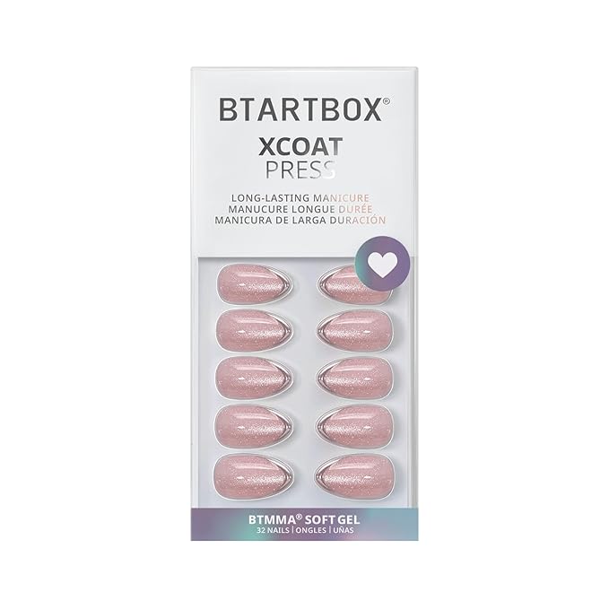 BTArtbox Press On Nails Almond - Blush Icicle, Lamp-Curable Cat Eye 3D Silver French Tip Short Press On Nails with Glue and Adhesive Tabs for Women in 16 Sizes - 32 Soft Gel Glue On Nails Kit