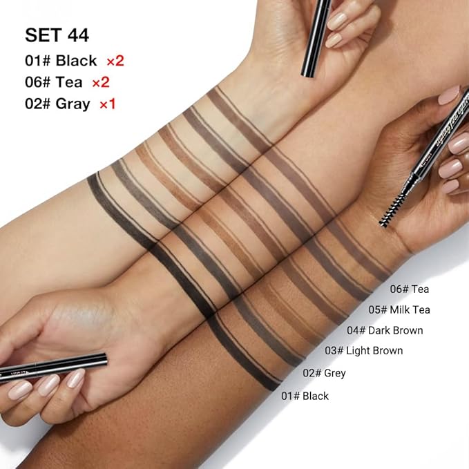 5 Pcs Dual-Sided Auto-rotate Ultra-Fine Tip Eye Brow Pencils Pack,Draws Tiny Precise Brow Makeup, Defines, Fills Brows, Shapes, Contours, Combs, ‌1mm Pen Point (Black+3*Light Brown+Gray)