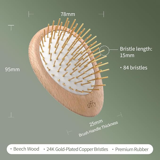 Uffy Acubrusher – 24K Gold-Plated Gua Sha Hair Brush - Ergonomic Scalp Massager for Dandruff & Hair Growth, Suitable for All Hair Types - Ideal Gift Choice in Walnut Wood