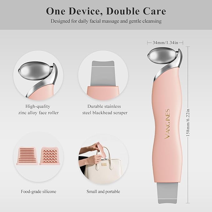 Vangines Blackhead Scraper Tool & Skin Scrubber Face Spatula for Blackhead Removal, Pore Cleaning, with Cooling Ice Roller & 2 Silicone Brush Heads (Dusty Rose)