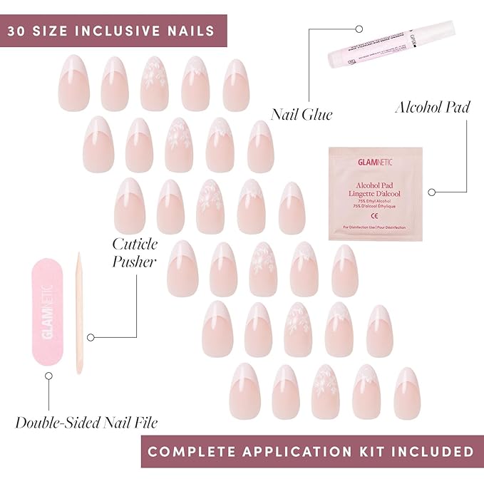 Glamnetic Press On Nails - All Time Love | Glossy, Semi-Transparent, Short Almond French Tip Nails with Leaf Accents, Salon Quality | 15 Sizes - 30 Nail Kit with Glue