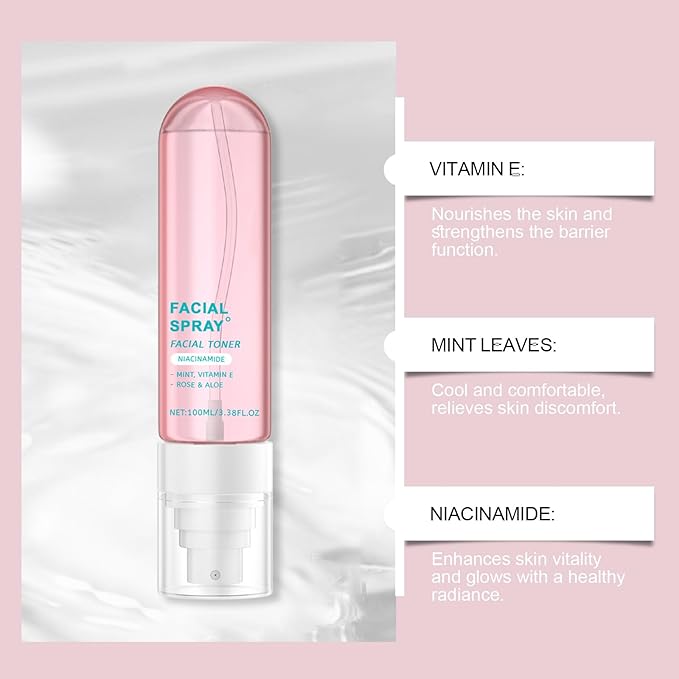 Nicotinamide Facial Spray with Rose, Aloe Extract & Vitamin E, Deep Hydration, Smooth and Hydrated Skin for All Skin Types, 3.38 fl oz