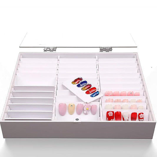 Rosvola Nail Art Display, Nail Storage Organizer Box, Empty Nail Tips Storage Box with cover Fake Nail Display Case for Nail Salon Home Use (White)