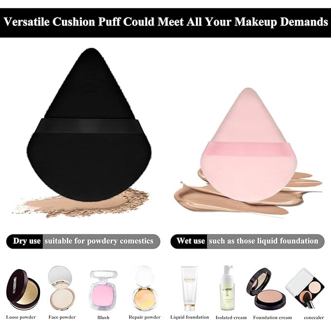 Maitys 12 Pcs Powder Puff Triangle for Face Makeup Cosmetic Loose Powder Puff Velour Soft Body Washable Reusable Foundation Sponge Wet Dry Makeup Tool for Women(Large, Small,Black, Pink)