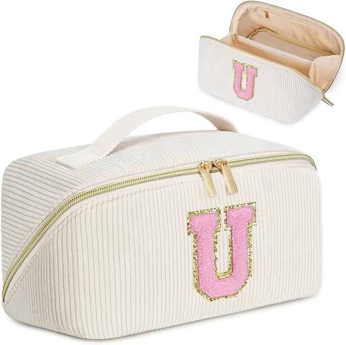 Personalized Initial Makeup Bag, Valentine's Day Gifts for Girls,Preppy Bag Cosmetic Travel Bag Women,Travel Toiletry Organizer,Large Capacity Corduroy Stuff Bag,Cute Cosmetic Pouch Skincare Bag