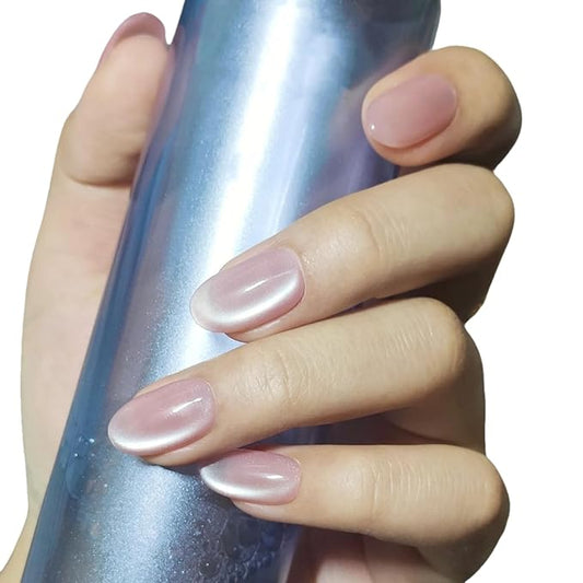 Cat Eye Press on Nails Handmade Short Oval/Square/Round False Nails with French Tip/Aurora/Magnetic Shimmer Designs (Side#Oval Pink Crystal S)