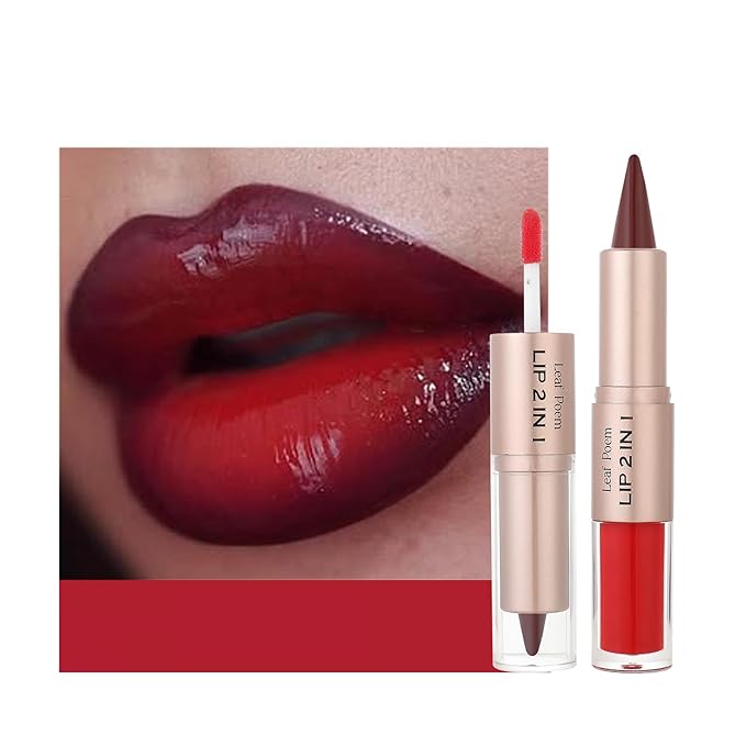 BAISEN DIARY 2-in-1 Double-Ended Matte Lip Liner & Lip Gloss Duo, Deep Wine Red Ombre Lip Combo Pencil, Lip Liner and Lipstick Gloss Set for Defined & Fuller Looking Lips (#07 Deep Wine Red Ombre)
