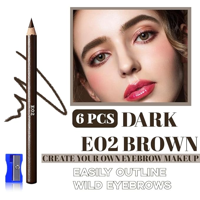 Eyebrow Pencils for Women with Sharpener, 6Pcs Hard-Core Wooden Eye Brow Eye Liner Pencils for Beginner Makeup, Waterproof & Sweat-Proof (6Pcs-Dark Brown)
