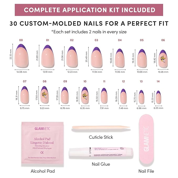 Glamnetic x Fanatics Press On Nails - Minnesota Vikings | Short Almond Fake Nails, NFL Vikings Purple French Tips, Football Nails, Salon-Quality | 15 Sizes - 30 Nail Kit with Glue Glue