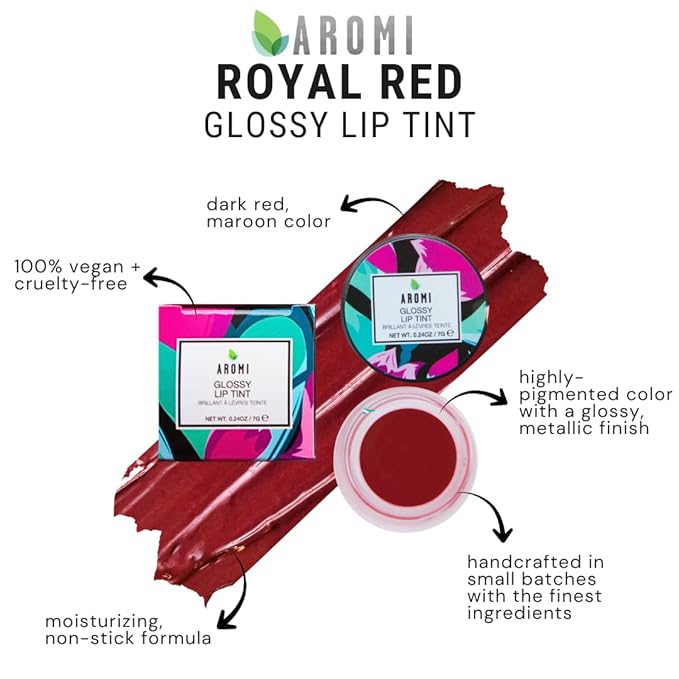 Aromi Glossy Lip Tint in Pot – Shimmery, Hydrating Lip Gloss Color, Metallic, Dark Red Maroon Shade, Vegan & Cruelty-free, Moisturizing, Non-Sticky Formula (Royal Red)
