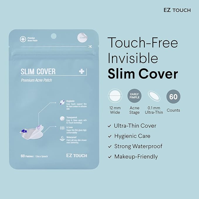 EZ Touch Touch-free Hydrocolloid Acne Pimple Patch (60 count, 12mm, Invisible) | Ultra-thin & Vaterproof | Patented Korean Slim Cover