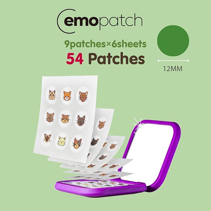 Acne Pimple Patches for Face 54 Count with Mirror Case for Day & Night Use - Hydrocolloid Pimple Pads, Emoji-Themed Blemish Dots, Clear Skin Treatment (Cat)