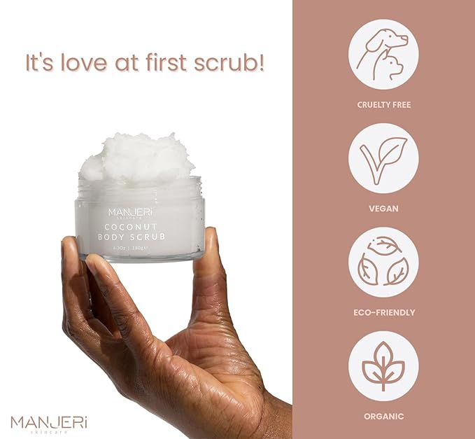 Manjeri Skincare Coconut Bliss Body Scrub, Luxurious Exfoliator for Smooth, Soft Skin, Dead Skin Cell Remover, Hydrating and Nourishing Formula