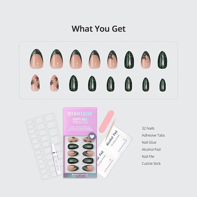 BTArtbox Press On Nails Almond - Holly Hypnotic, 3D Cheey Short Glitter French Tip Christmas Press On Nails with Glue and Adhesive Tabs for Women in 16 Sizes - 32 Soft Gel Glue On Nails Kit