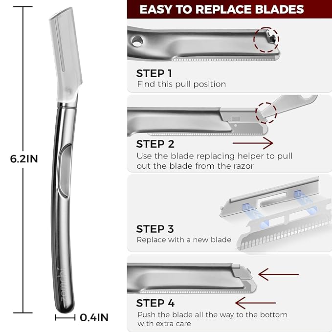 ZOMCHI Eyebrow Razor and Face Razor for Women and Men, Reusable Metal Handle with 11 Refill Blades, Dermaplane Razor with Protective Silicone Cap, Eyebrow Hair Trimmer - Polished Silver