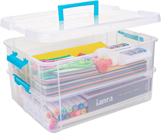 TERGOO 2 Layer Plastic Storage Containers with Lids, Multipurpose Clear Stack & Carry Box, Portable Craft Organizers and Storage Bin for Organizing Art & Craft, Sewing, Makeup, Nail Supplies (Blue)
