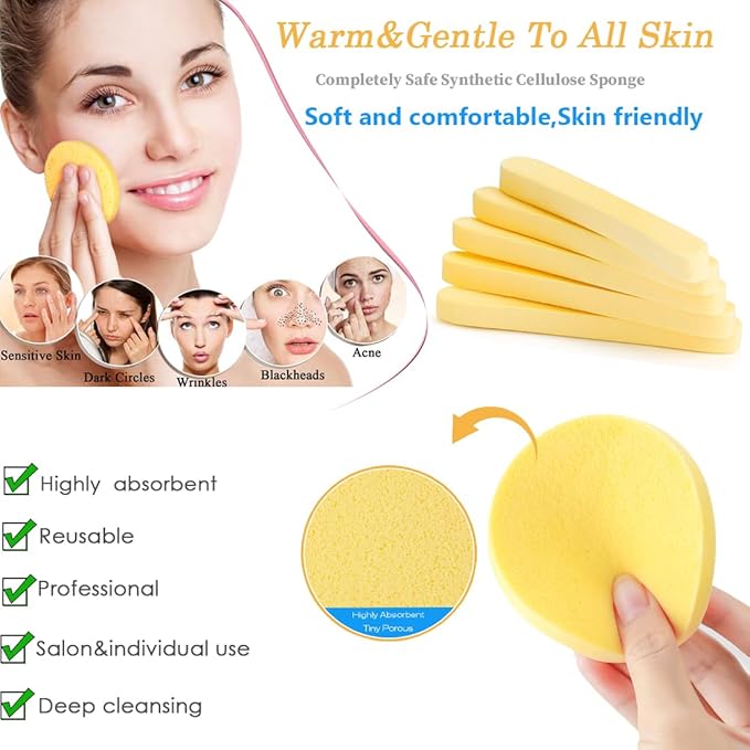 Mgiflw Compressed Facial Sponge,Reusable Makeup Blender 60 Count,Soft Round Wash Sponges for Estheticians Makeup Removal,Face Cleansing Exfoliating Compress Spa Pads for Women,Yellow