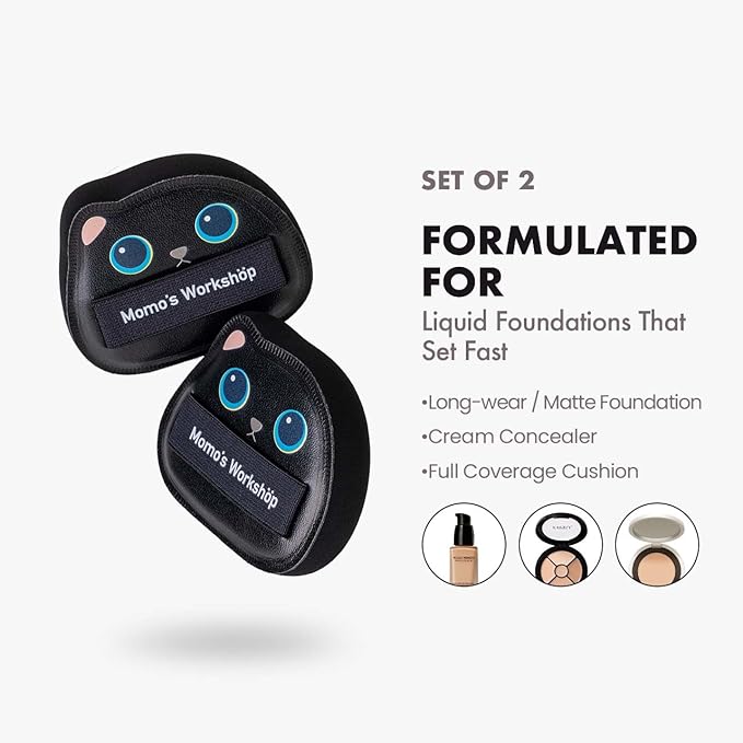2-Pack Cute Black Cat Makeup Sponges, 85° Precision Tip Blender for Foundation & Concealer, Rubycell & PU Leather for Flawless Full-Coverage Makeup & Storage Case
