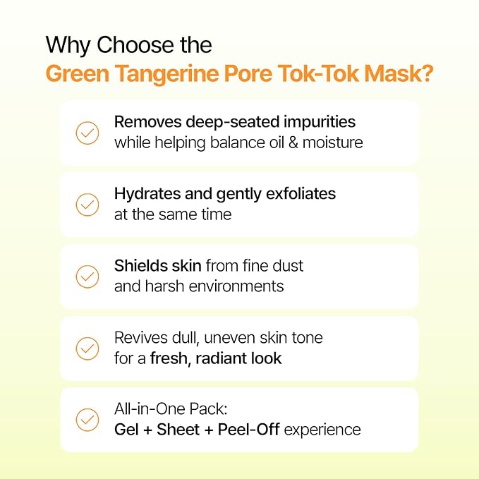 Green Tangerine Pore Tok-Tok Sheet Mask (3-in-1 Bio-Cellulose Gel) (Eosidin Care) – Pore Care, Sebum Control, Collagen Peel Off Facial Skincare for Deep Cleansing & Smooth Skin, 4 Sheets