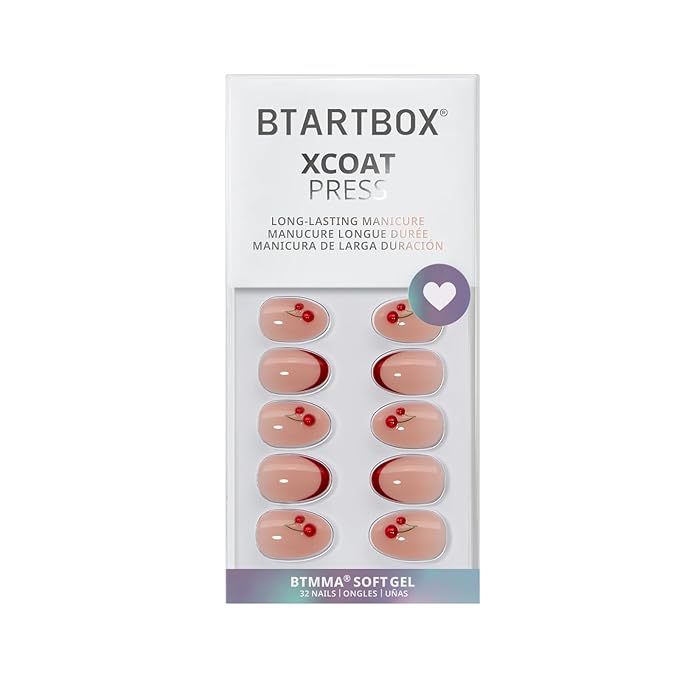 BTArtbox French Tip Press On Nails - Cherry Charm, Lamp-Curable Extra Short Red Almond Valentines Press On Nails with Glue and Adhesive Tabs for Women in 16 Sizes - 32 Soft Gel Glue On Nails Kit