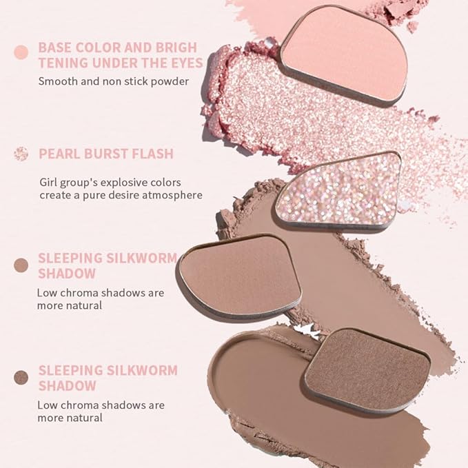 Pink Nude Mini Eyeshadow Palette – 4-Color Baby Pink & Rose Taupe Matte Shades with Pink Crystal Glitter, High Pigment Long-Lasting Blendable Warm Brown Soft Glam Eye Shadow for Daily Natural Makeup