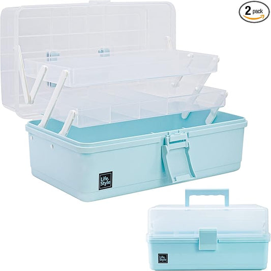 Creahaus 13 inch Art Craft Organizer Storage Box with 3 Layer, Multipurpose Plastic Tool Box with Handle for Sewing, Art Supply, Medicine, Nail, Hair Accessories (Blue)