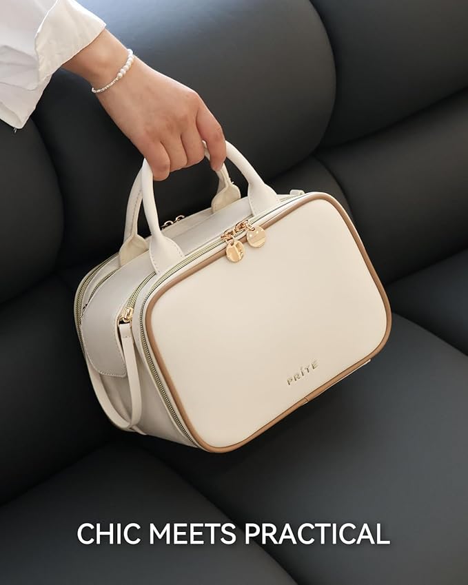 Prite Makeup Bag for Women, Large Capacity Waterproof Travel Cosmetic Organizer, Portable Open Flat Toiletry Bag with Free-standing Brush Holder and Handle(Beige Medium)