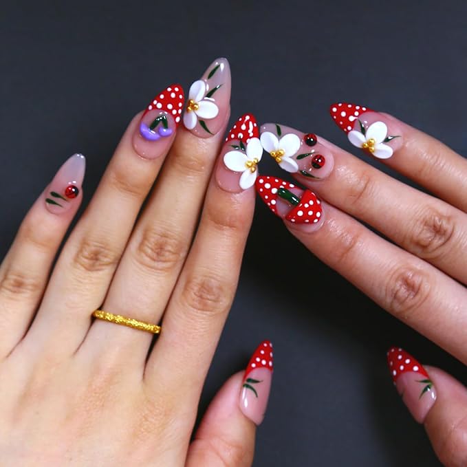 MAGLFELL Spring Press on Nails Handmade Medium Length Almond Fake Nails, 3D French Salon Painting Design False Nails, 10 Pcs Reusable ABS Material Nail Tip Artificial Nails for Women (Size M)