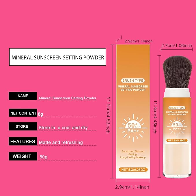 Mineral Sunscreen Setting Powder, SPF 50 Transparent Brush Powder, Long-Lasting,Lightweight Breathable, Oil Control Natural Matte, Suitable for Face, Scalp & Hair