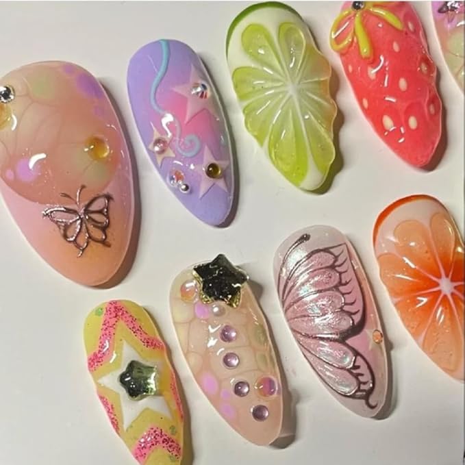 Press On Nails - Short Coffin Handmade Unique Fake Nails, Artistic Design, Thick Acrylic and Muti-Layer Gel False Nails, Reusable UV Gel Cured Sturdier 3D Fake Nails,DIY Art Decorate