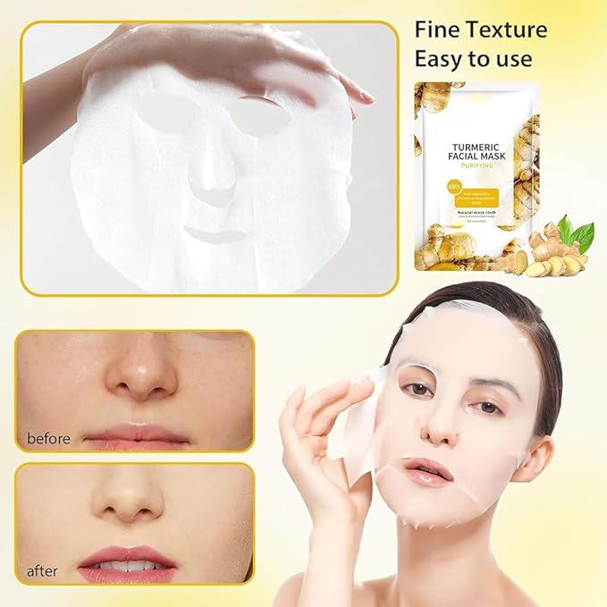 15 Sheets Face Mask Skin Care, Deep Moisturizing Hydrating Facial Masks, Turmeric Face Mask for Sensitive Skin, Facial Mask Sheet for Breakouts, Hydrate and Soothe for All Skin Types